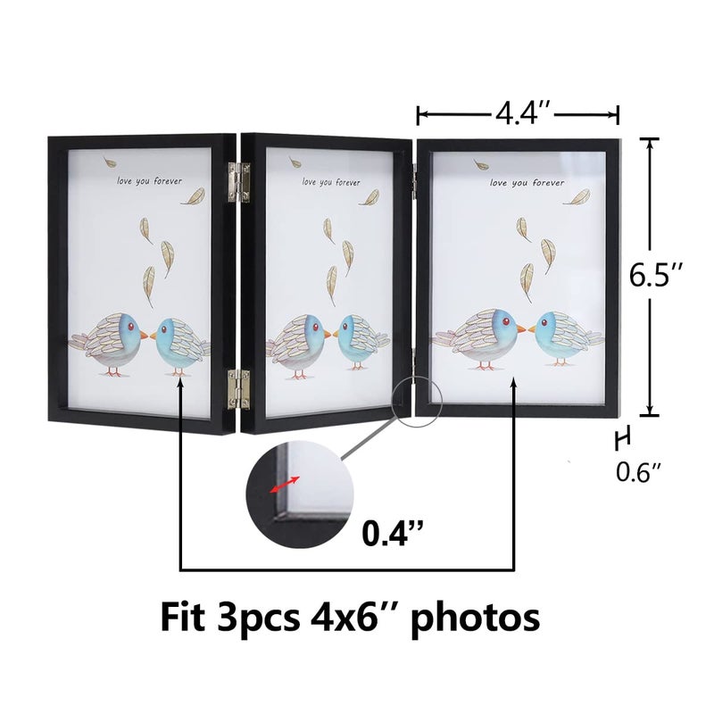 WUTL 3 Picture Frame 4x6 Black Triple Hinged MDF Wood with Glass Front Three Opening Photo Frame Stand Vertical on Tabletop - Image 3
